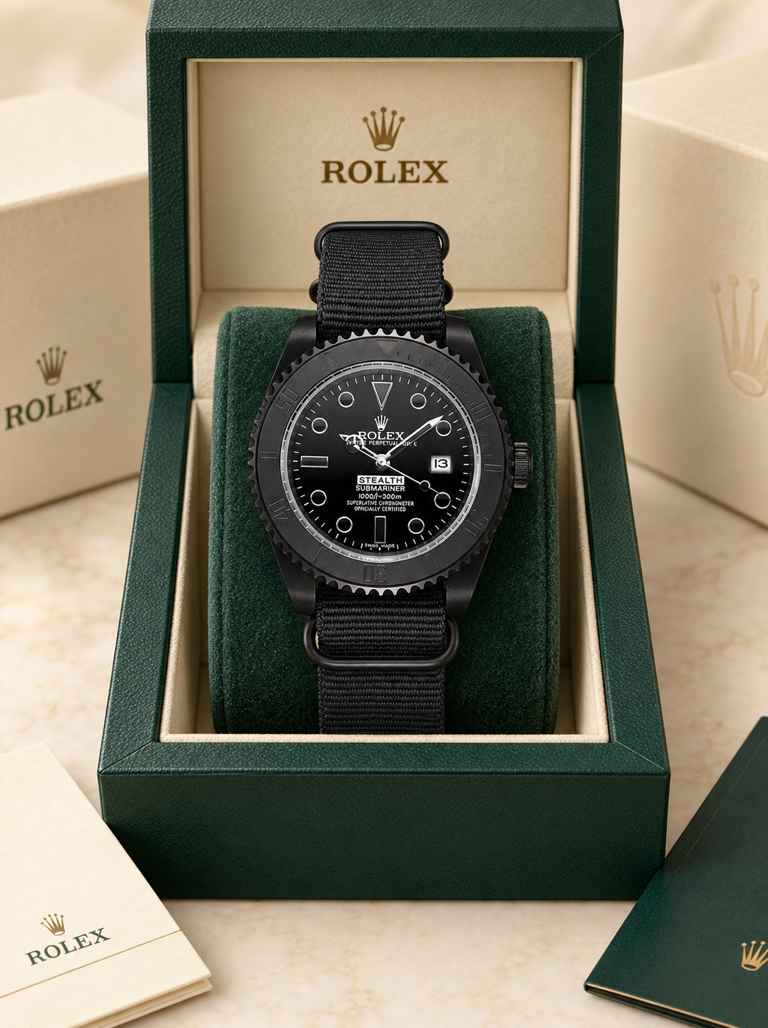 Marinus Stealth-Textilband Herrenuhr – Schwarz | 39 mm in der optionalen grünen Präsentationsbox