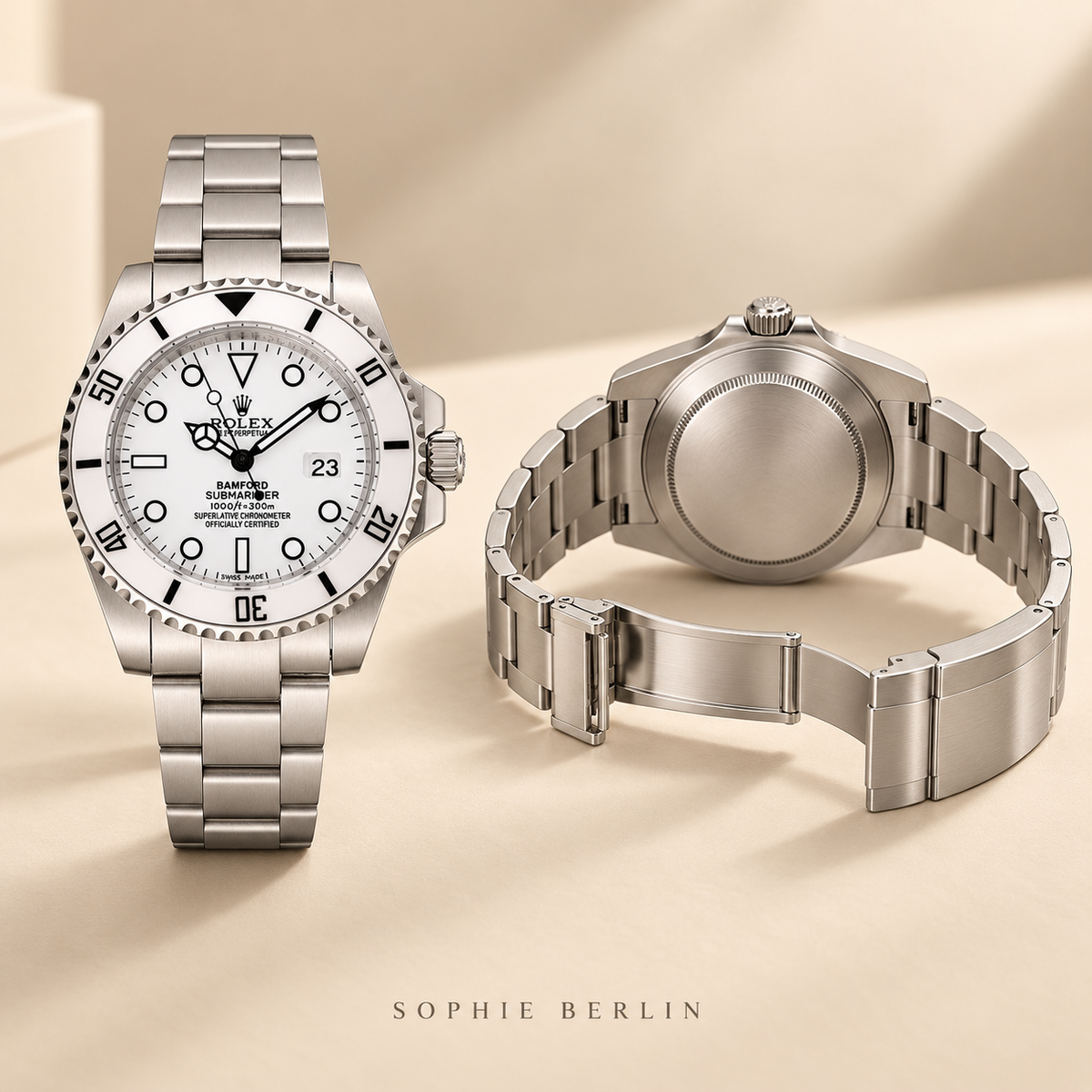 Marinus Herrenuhr, 40 mm, Vorderansicht und geschlossene Rückseite mit geöffnetem Gliederarmband