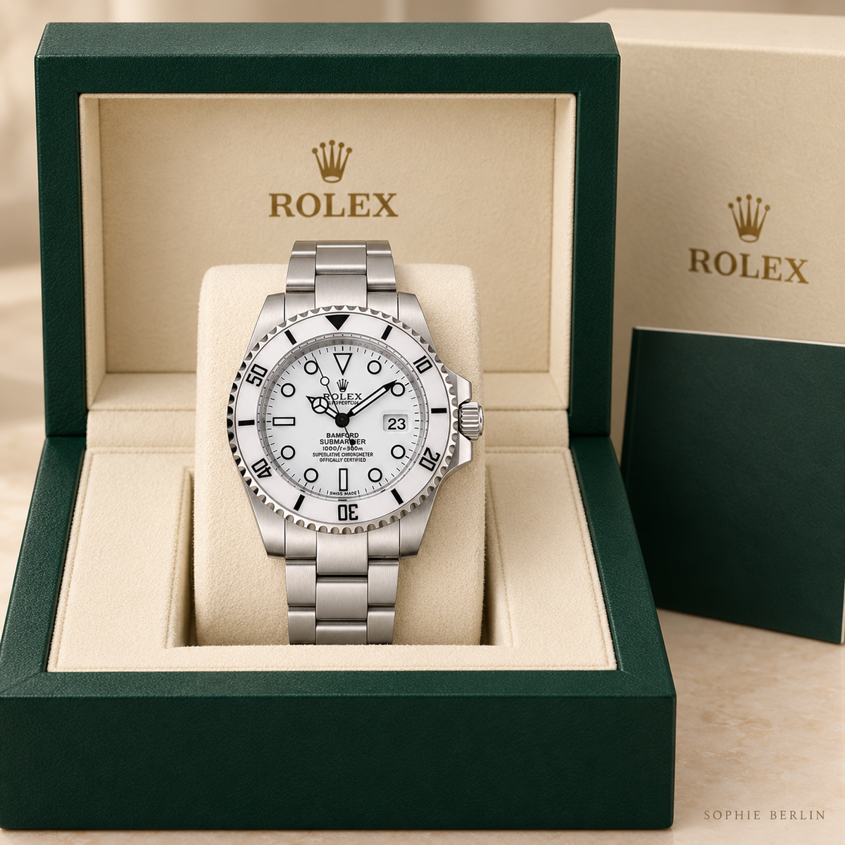 Marinus Gliederband-Herrenuhr in Weiß und Silberfarben, 40 mm, in grüner Präsentationsbox