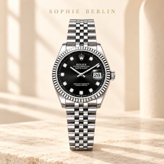 Noir Éclat 36 mm – Sophie Berlin Studioansicht, Silberfarben und Schwarz