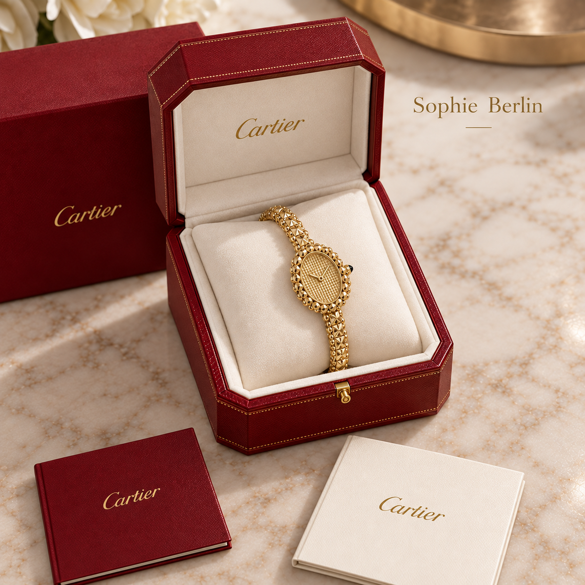 Goldfarben – Ohne Steinbesatz: illustrative Einzeldarstellung der Relief-Ausführung in roter Cartier-Box