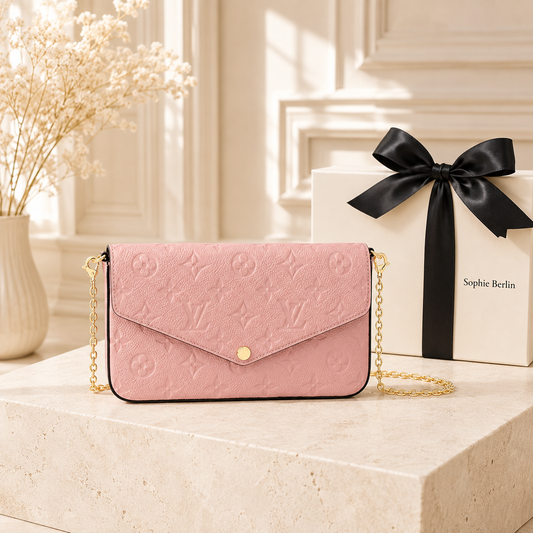 Pochette Félicie – Monogram Empreinte in Puderrosa mit weißer Sophie Berlin Box und schwarzer Schleife