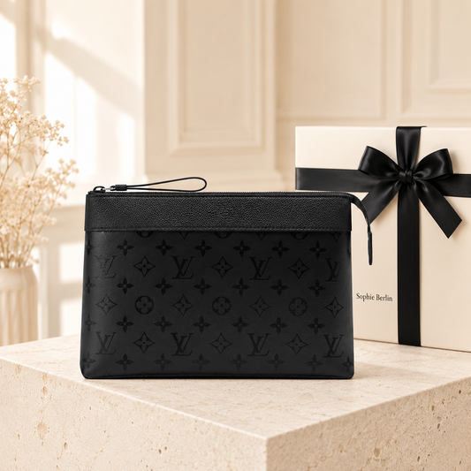 Schwarze Pochette Voyage Midnight mit weißer Sophie Berlin Box und schwarzer Schleife