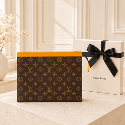 Pochette Voyage MM – Monogramm in Gelb mit weißer Sophie Berlin Box und schwarzer Schleife