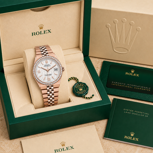 Roségoldfarbene 36-mm-Uhr in der optionalen Präsentationsbox