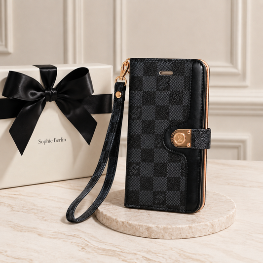 Schwarze Karomuster-Wallet-Hülle für Samsung