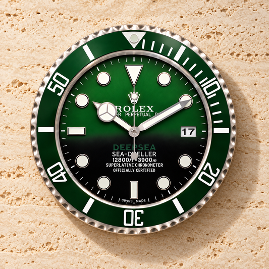 Deepsea Sea-Dweller Wanduhr – Grün – Vorderansicht an heller Travertinwand