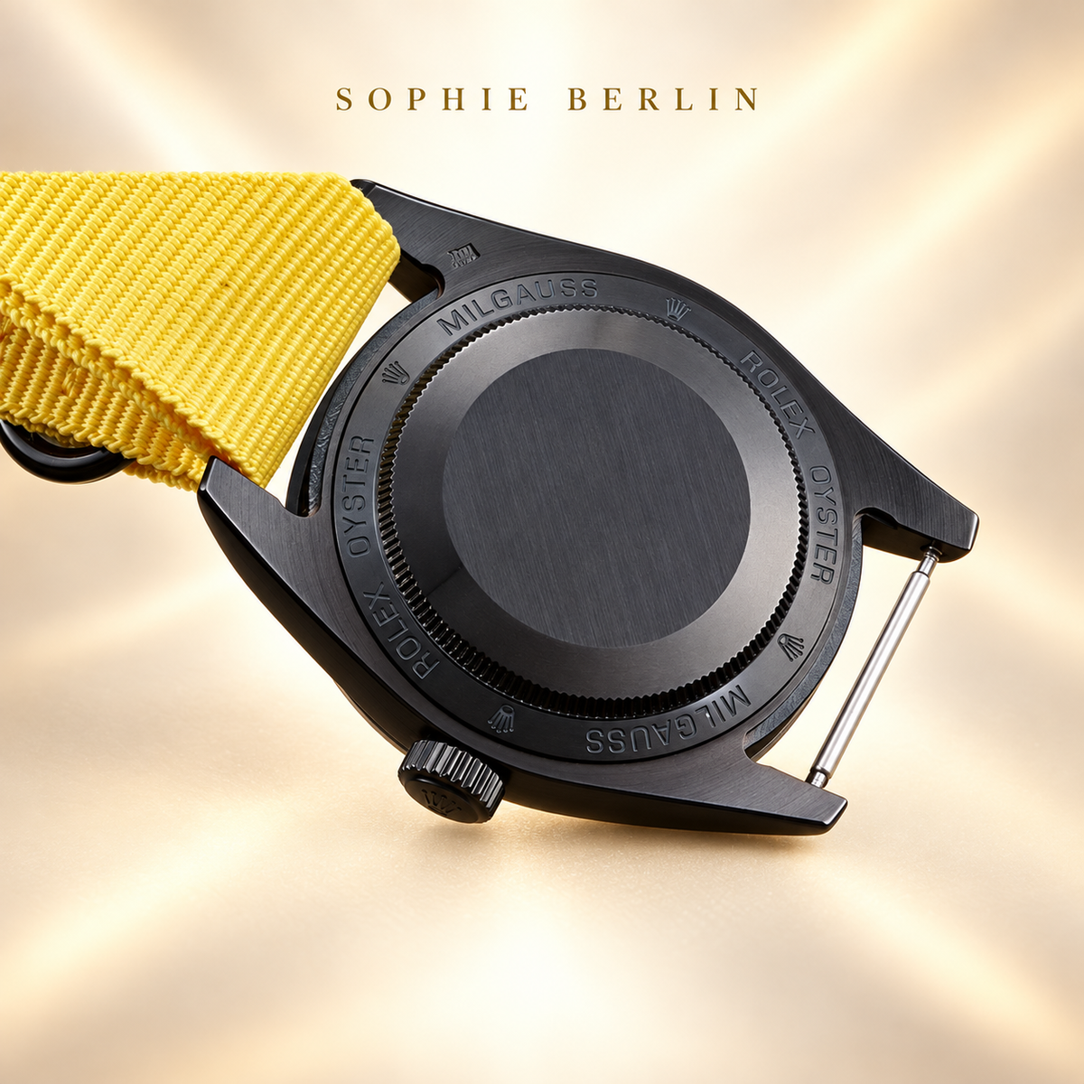 Volta Sportuhr – Schwarz & Gelb mit Textilband | 40 mm – Rückansicht mit Gehäuseboden und Banddetails