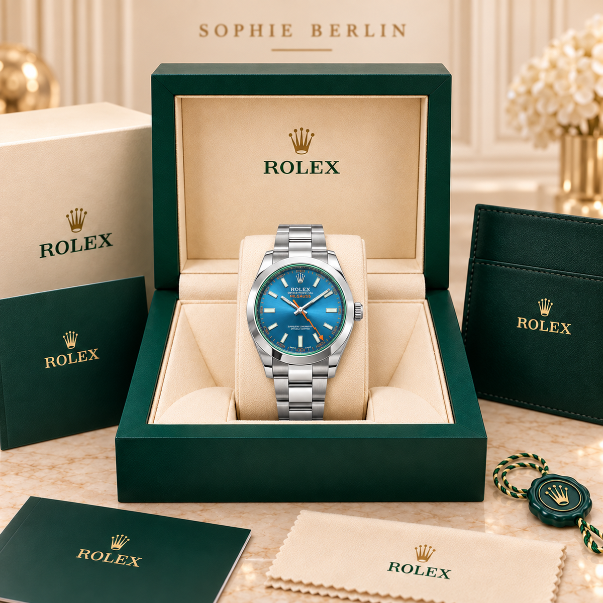 Volta Herrenuhr – Blau & Orange in der optionalen grünen Präsentationsbox