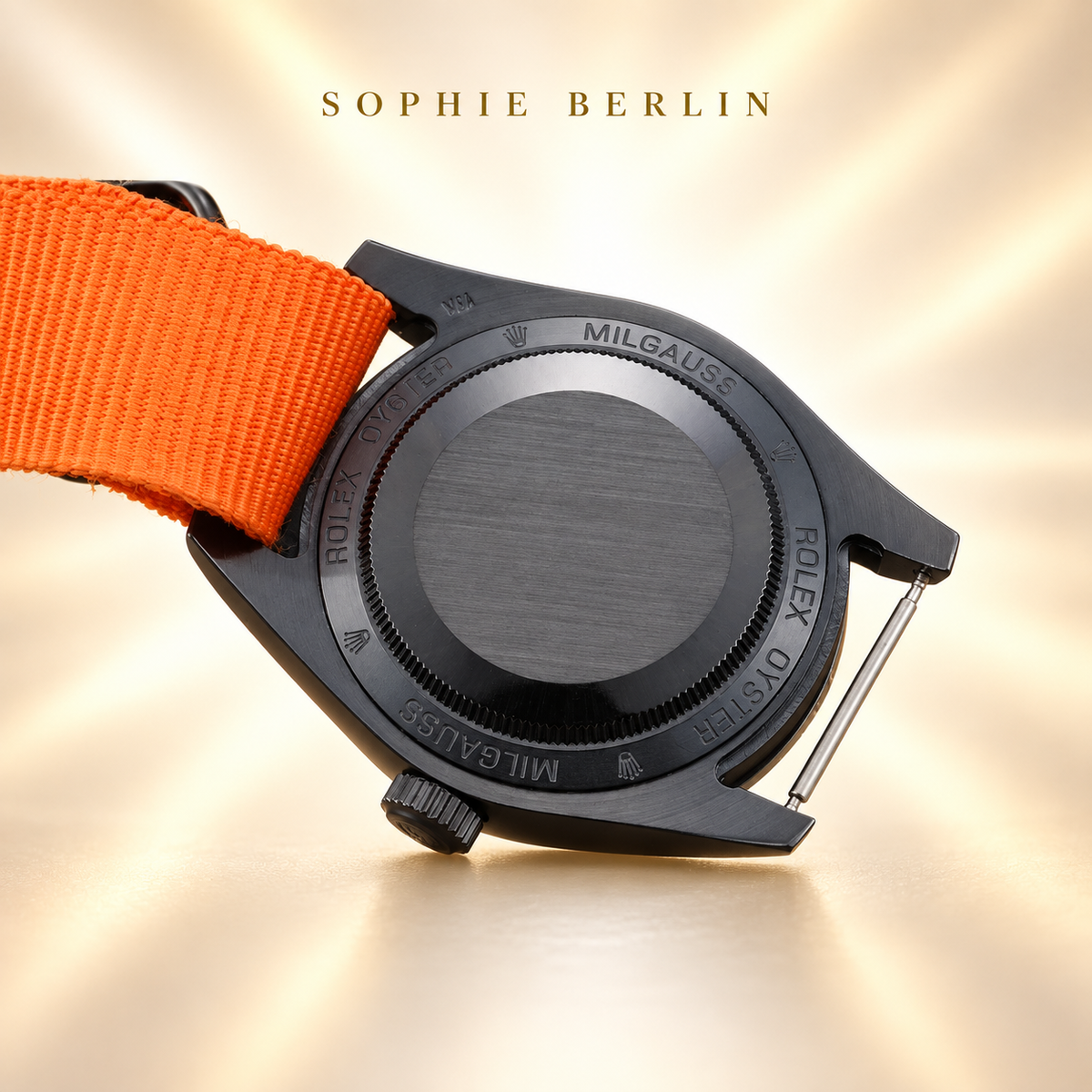 Volta Sportuhr – Schwarz & Orange mit Textilband | 40 mm – Rückansicht mit Gehäuseboden und Banddetails