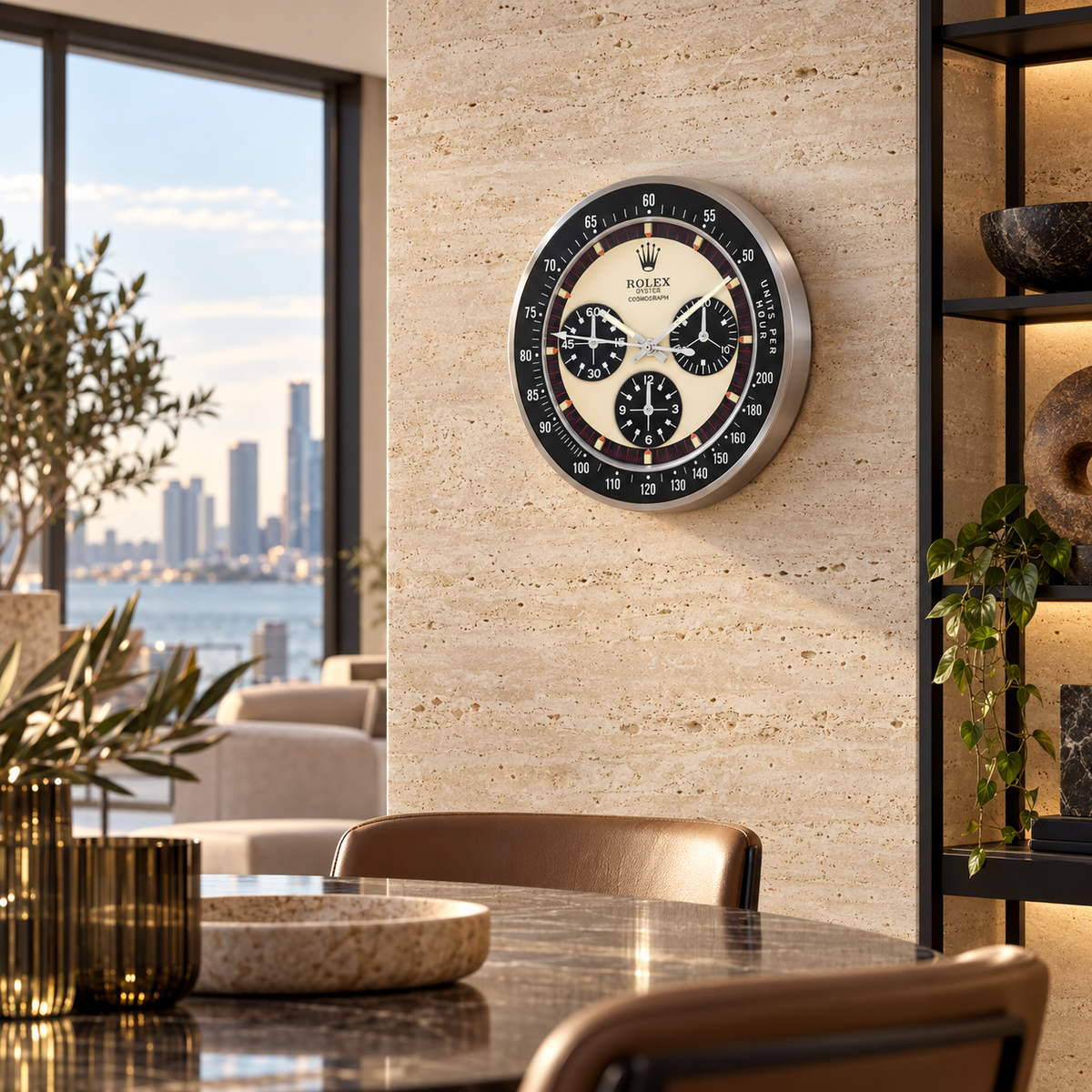 Daytona Paul Newman Wanduhr – Schwarzes Logo – Wanduhr in luxuriösem Raum
