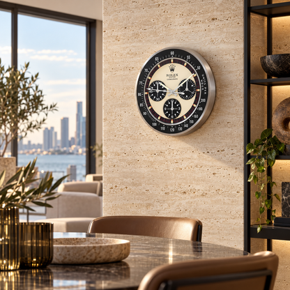 Daytona Paul Newman Wanduhr – Schwarzes Logo – Wanduhr in luxuriösem Raum