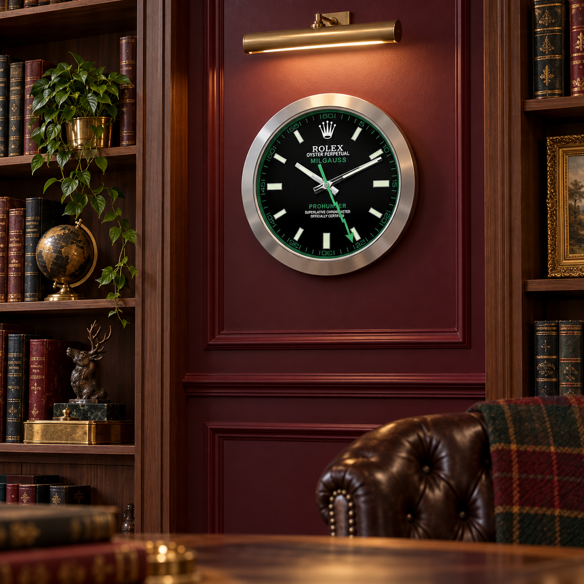 Milgauss Wanduhr – Silber & Grün – Wanduhr in luxuriösem Raum
