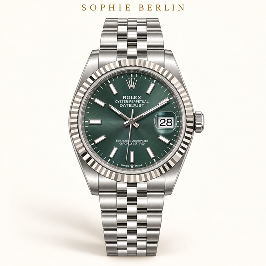 Menthe Élégance – Mintgrüne Armbanduhr mit geriffelter Lünette – 36 mm – Profilansicht