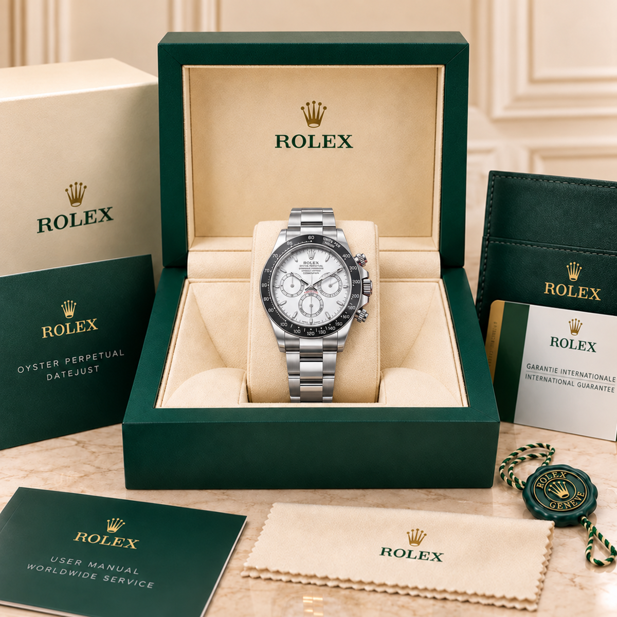 Sportliche Herrenuhr in Silber und Weiß in der Präsentationsbox