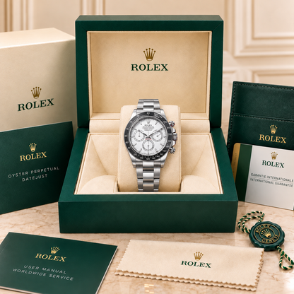 Sportliche Herrenuhr in Silber und Weiß in der Präsentationsbox