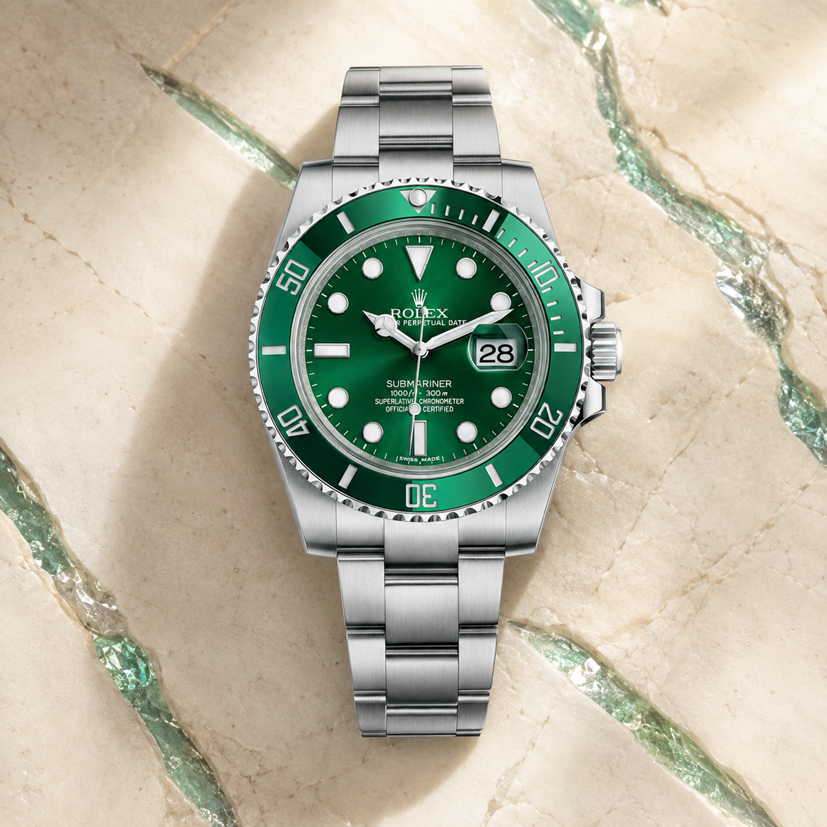 Taucheruhr Date 116610LV "Hulk" – luxuriöse Produktaufnahme