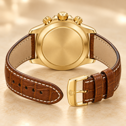 Valerano Herren-Chronograph – Rückseite und geöffnetes braunes Lederband