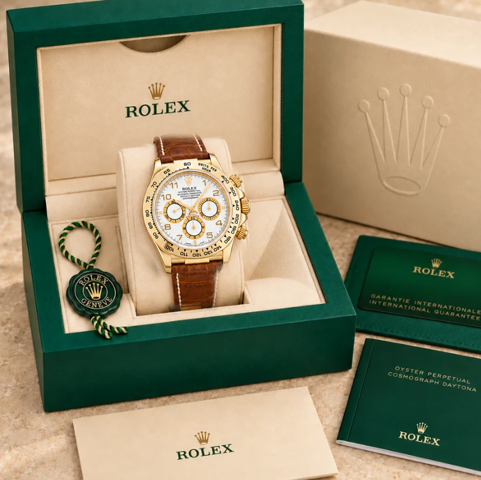 Valerano Herren-Chronograph – Weiß, Goldfarben & Braun | 40 mm in groene Rolex-doos
