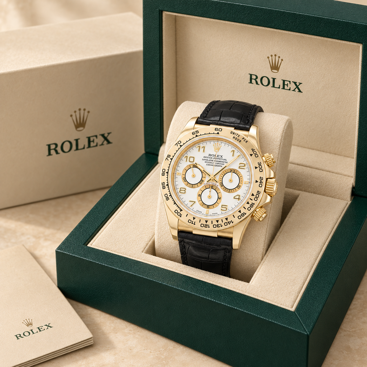 Valerio Chronograph in Weiß und Goldfarben – 40 mm, Frontansicht mit Geschenkbox