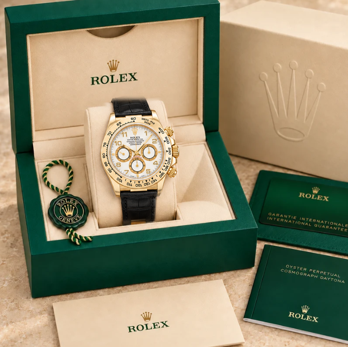 Valerio Chronograph – Weiß & Goldfarben | 40 mm in groene Rolex-doos