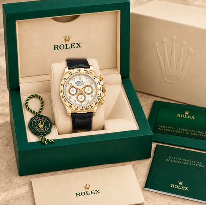 Valerio Chronograph – Weiß & Goldfarben | 40 mm in groene Rolex-doos