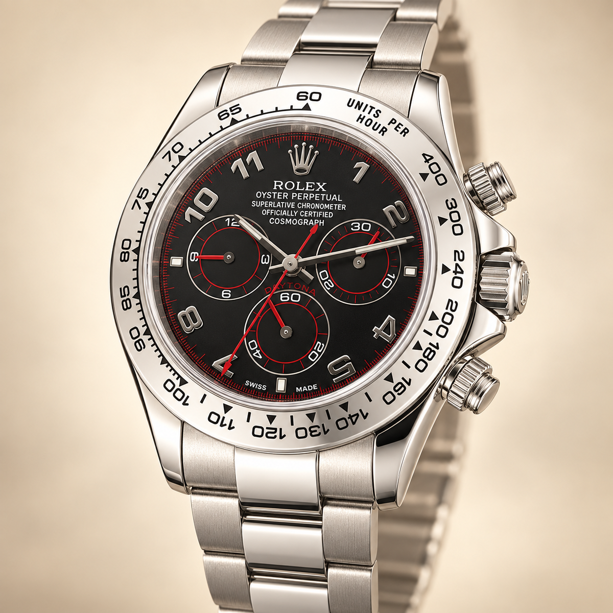 Velaro Chronograph 39 mm mit Ziffern und roten Akzenten, Seitenansicht