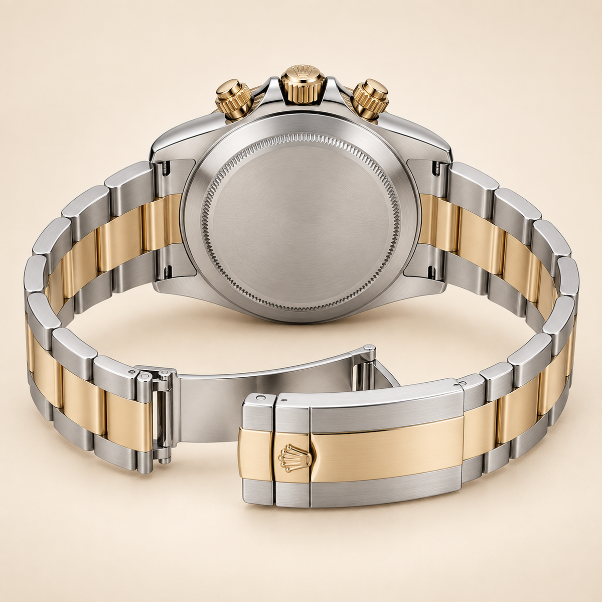 Velaro Chronograph, geschlossene Rückseite und geöffnetes zweifarbiges Gliederarmband
