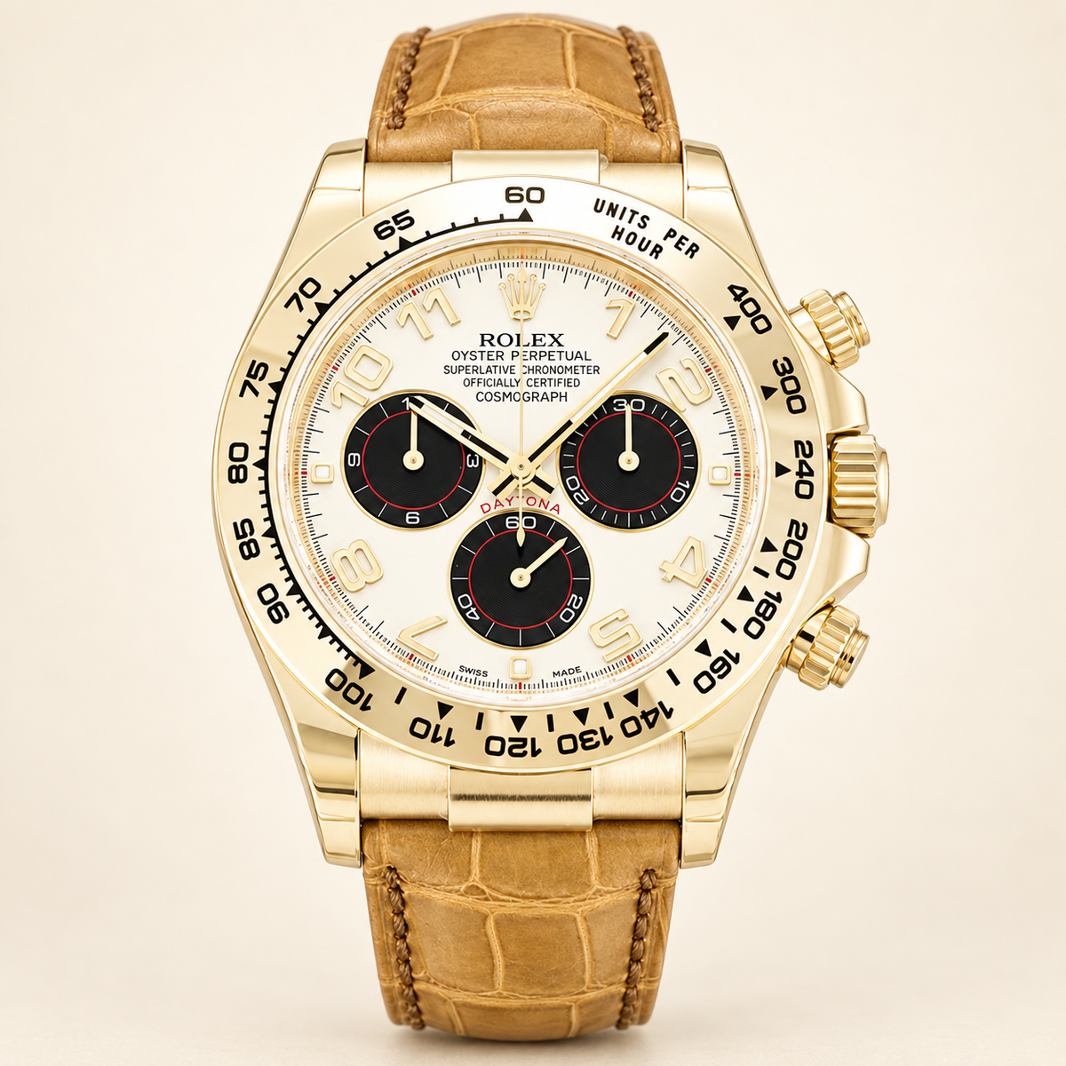 Velaro Chronograph, Frontansicht mit elfenbeinfarbenem Zifferblatt und hellbraunem Lederband