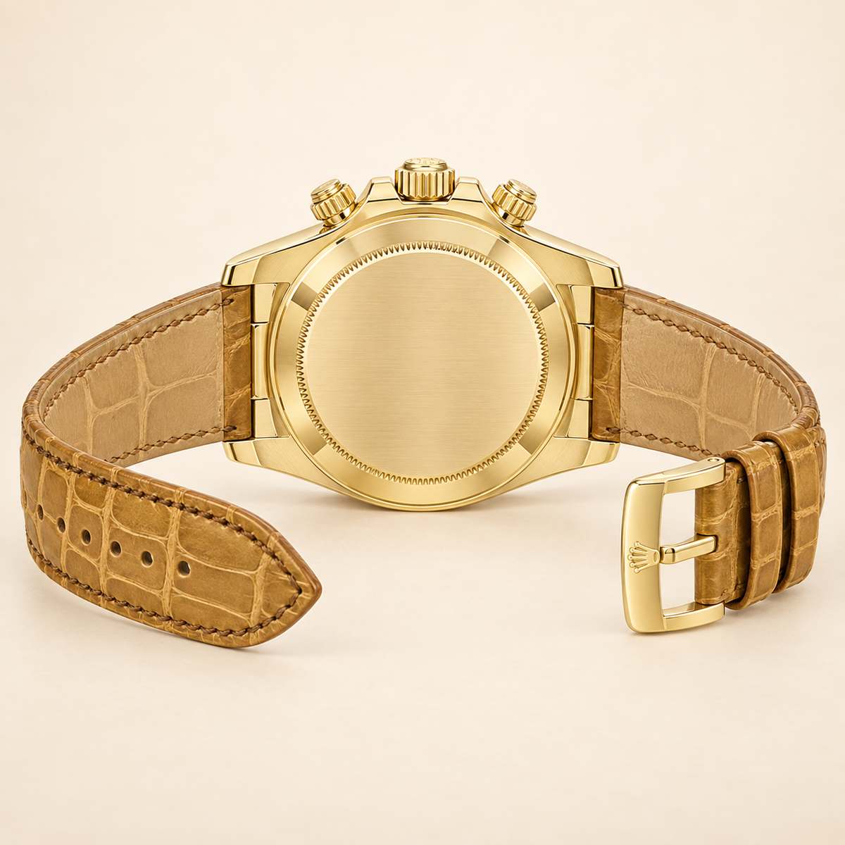Velaro Chronograph, geschlossene goldfarbene Rückseite und geöffnetes hellbraunes Lederband