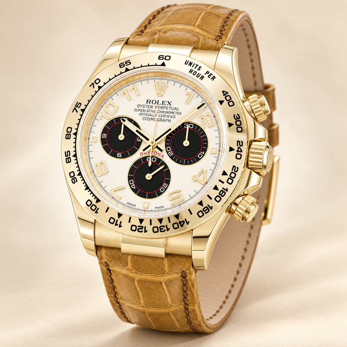 Velaro Chronograph, Seitenansicht mit goldfarbenem Gehäuse und hellbraunem Lederband