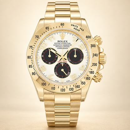 Velaro Chronograph, Frontansicht mit elfenbeinfarbenem Zifferblatt und schwarzen Totalisatoren
