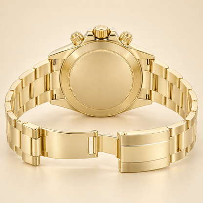Velaro Chronograph, geschlossene Rückseite und geöffnetes goldfarbenes Gliederarmband