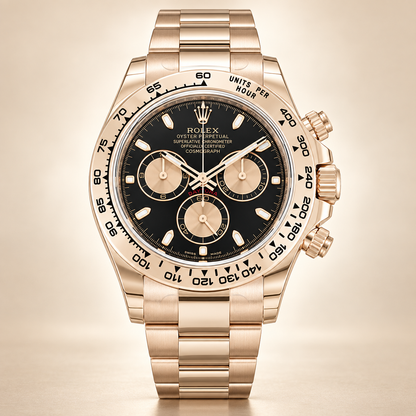 Velaro Chronograph, Frontansicht mit schwarzem Zifferblatt und roségoldfarbenen Totalisatoren