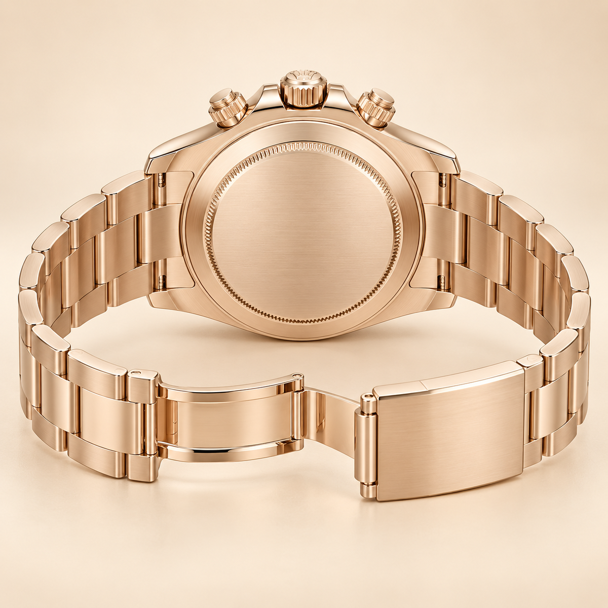 Velaro Chronograph, geschlossene roségoldfarbene Rückseite und geöffnetes Gliederarmband
