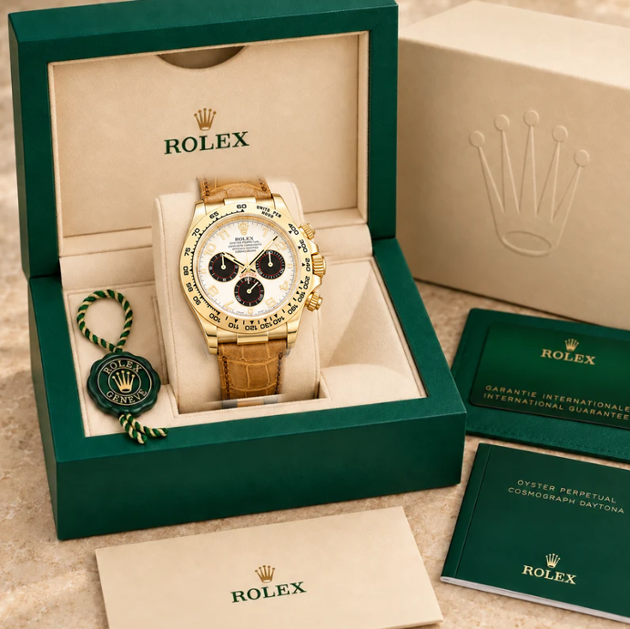 velaro chronograph ziffern elfenbein goldfarben lederband 40 mm in grüner Box; Box optional