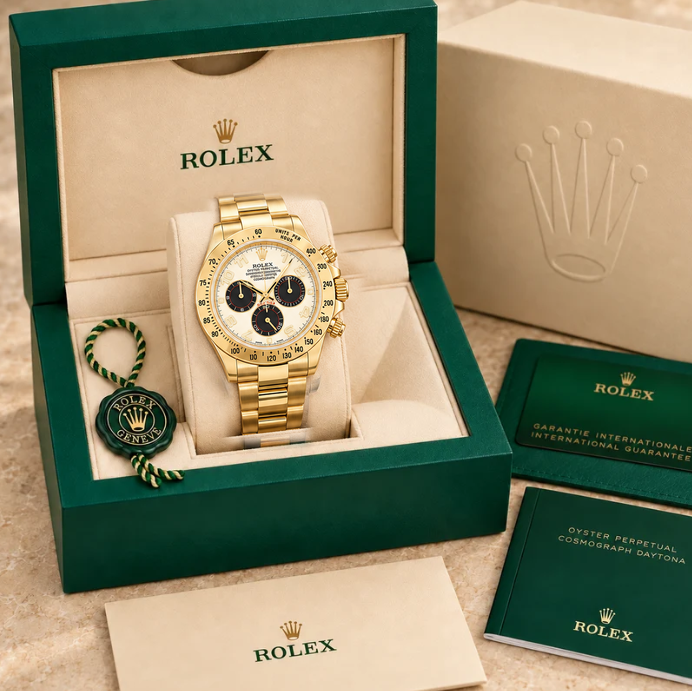 velaro chronograph ziffern elfenbein schwarz goldfarben 40 mm in grüner Box; Box optional