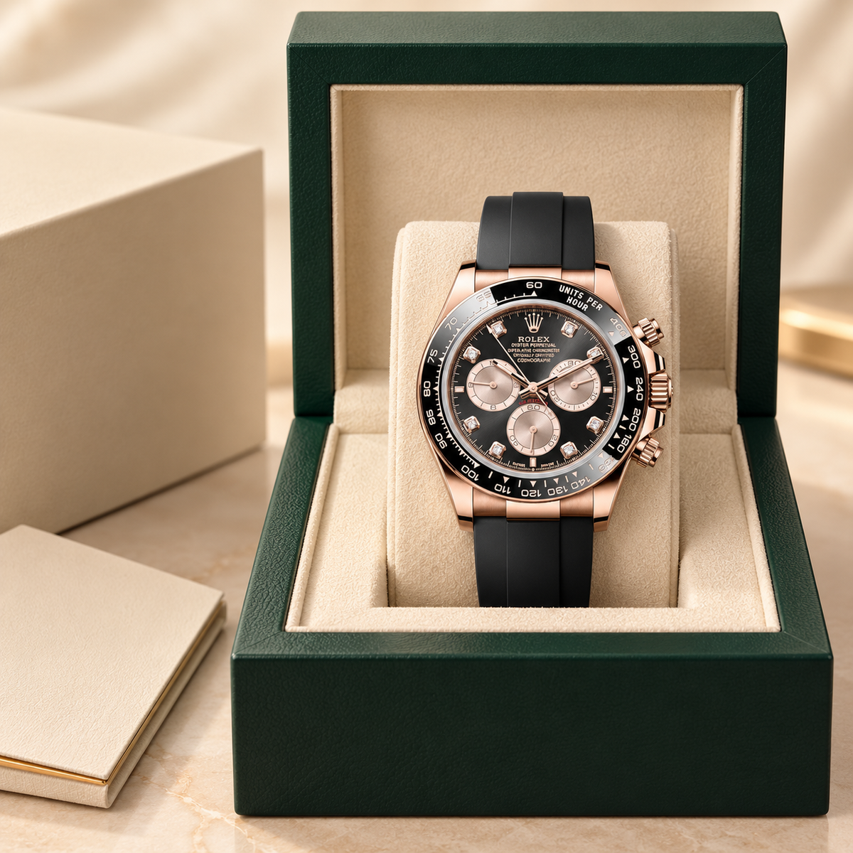 Velaro Chronograph in Schwarz und Roségoldfarben mit Steinbesatz in grüner Präsentationsbox