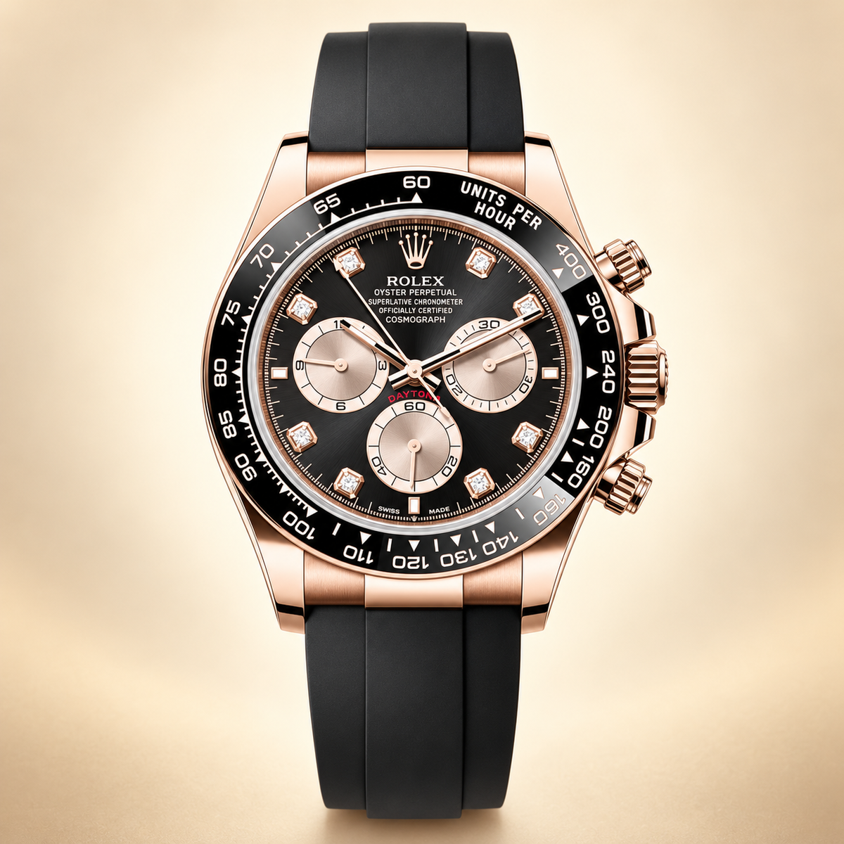 Velaro Chronograph – Frontansicht Schwarz und Roségoldfarben mit Steinbesatz