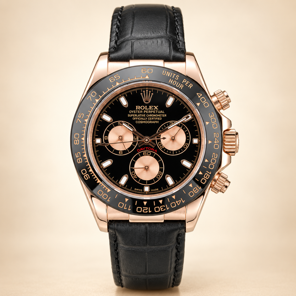 Velaro Chronograph 39 mm in Schwarz und Roséfarben, Vorderansicht