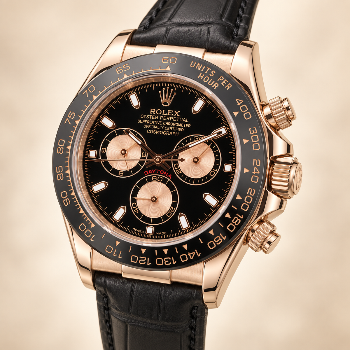 Velaro Chronograph 39 mm mit schwarzem Lederband, Seitenansicht