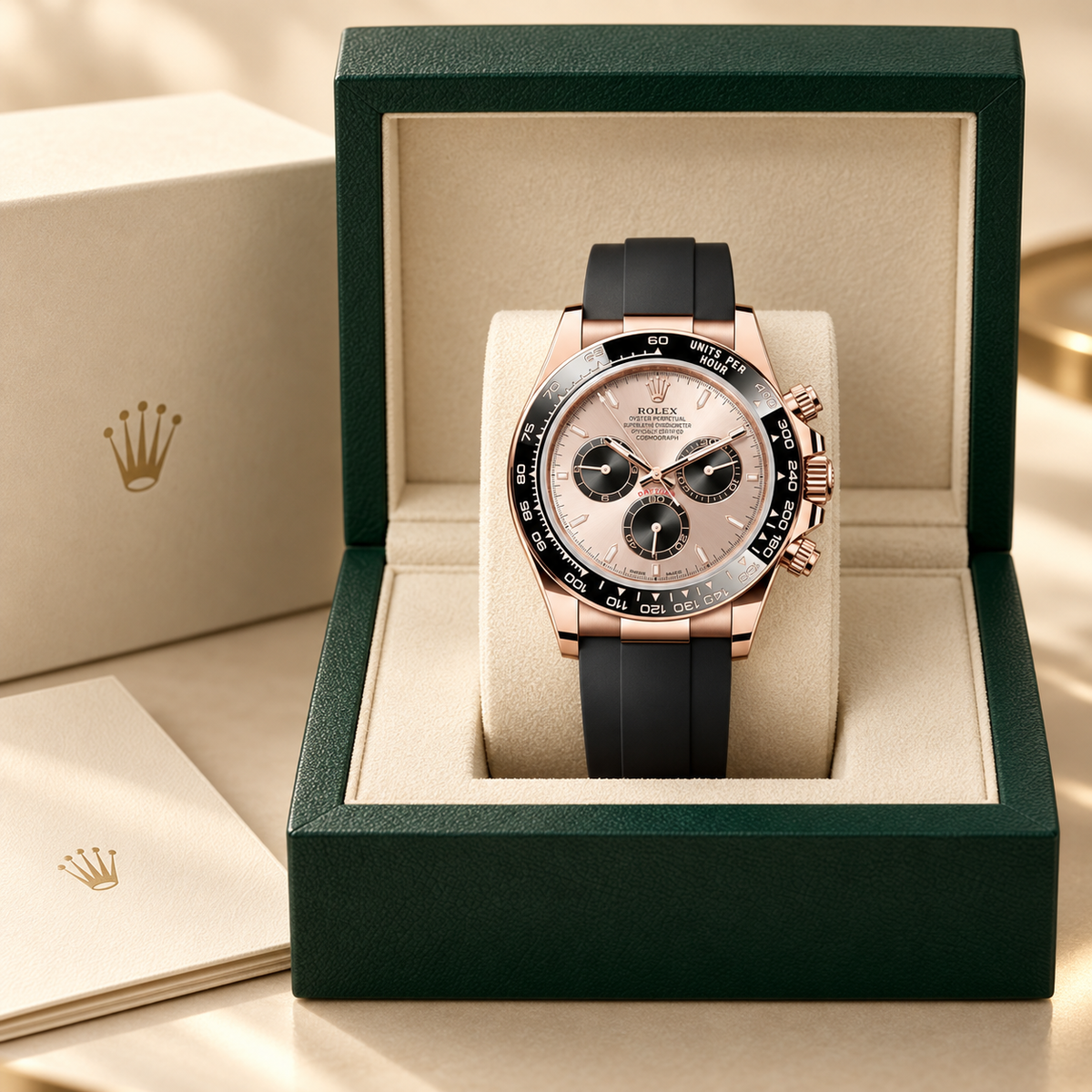 Velaro Chronograph mit Sundust-Zifferblatt und schwarzem Kautschukband in grüner Präsentationsbox