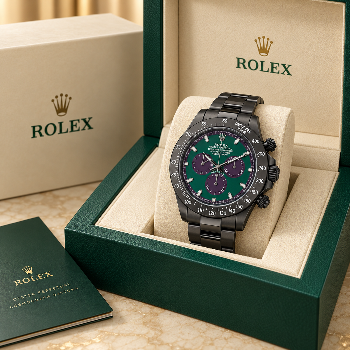 Veradis Chronograph in Grün und Graphit – 42 mm, Frontansicht mit Geschenkbox