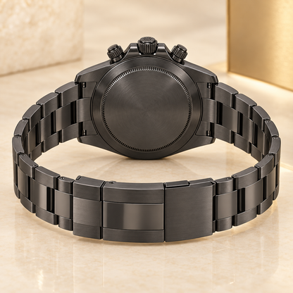 Veradis Chronograph in Grün und Graphit – 42 mm, geschlossene Rückseite und geöffnetes Gliederarmband