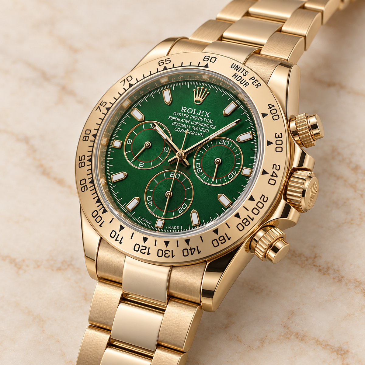 Verdevia Herren-Chronograph – Seitenansicht des goldfarbenen Gehäuses