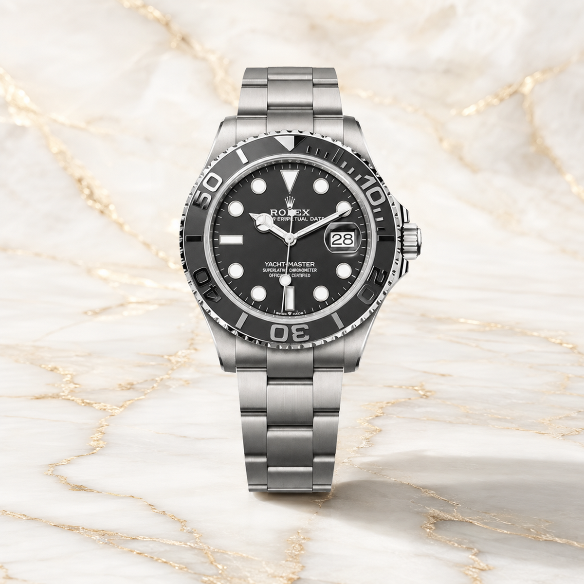 Yacht-Master 226659 “White Gold Black Dial” – luxuriöse Produktaufnahme