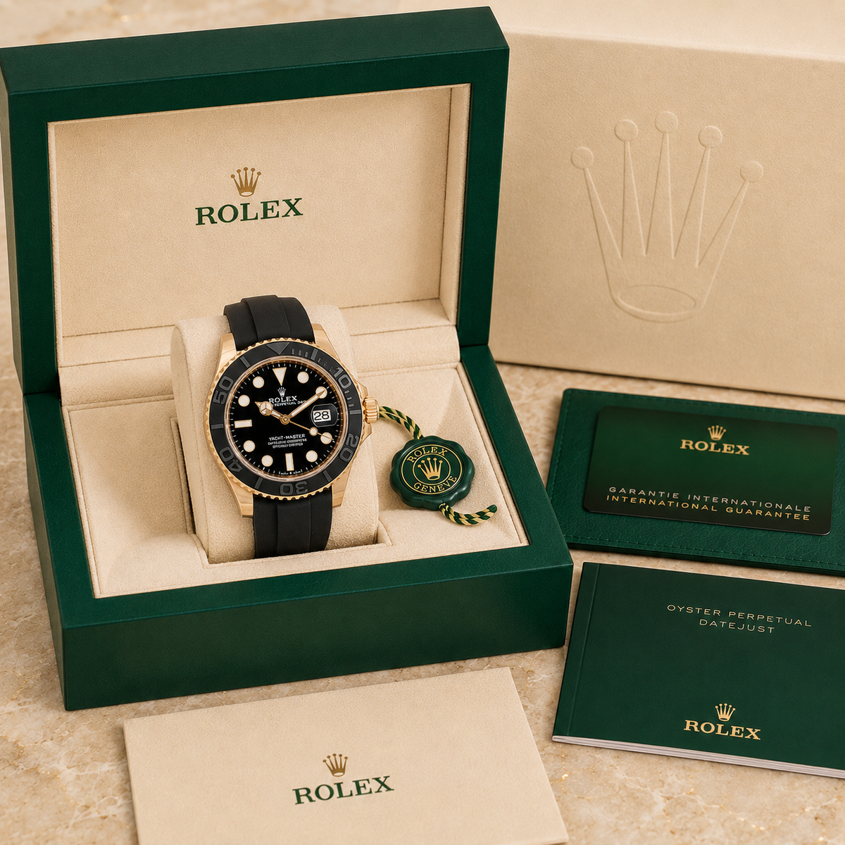 Yacht-Master 42 Gold Black Oysterflex complete set met doos en certificaten