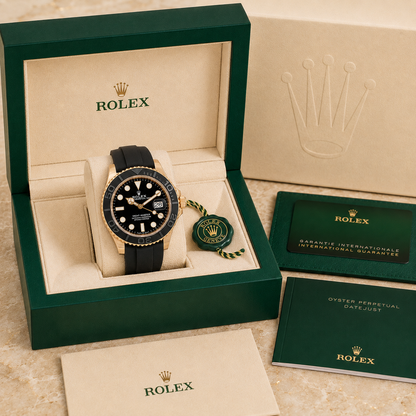 Yacht-Master 42 Gold Black Oysterflex complete set met doos en certificaten